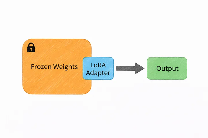 LoRA freezes the original weights and trains a small adapter instead