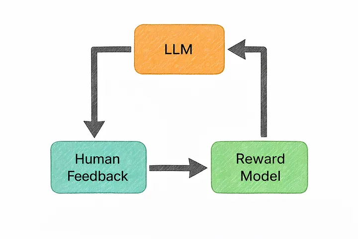 RLHF: the LLM learns from human feedback through a reward model